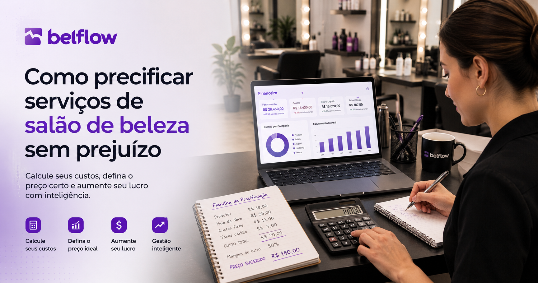 Profissional calculando preços de serviços em um salão de beleza usando computador e calculadora.
