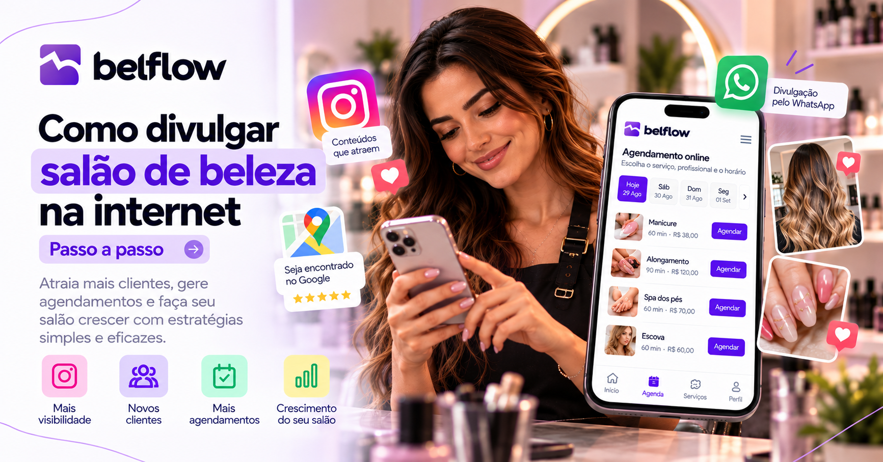 Profissional divulgando salão de beleza no celular com redes sociais, Google e agendamento online