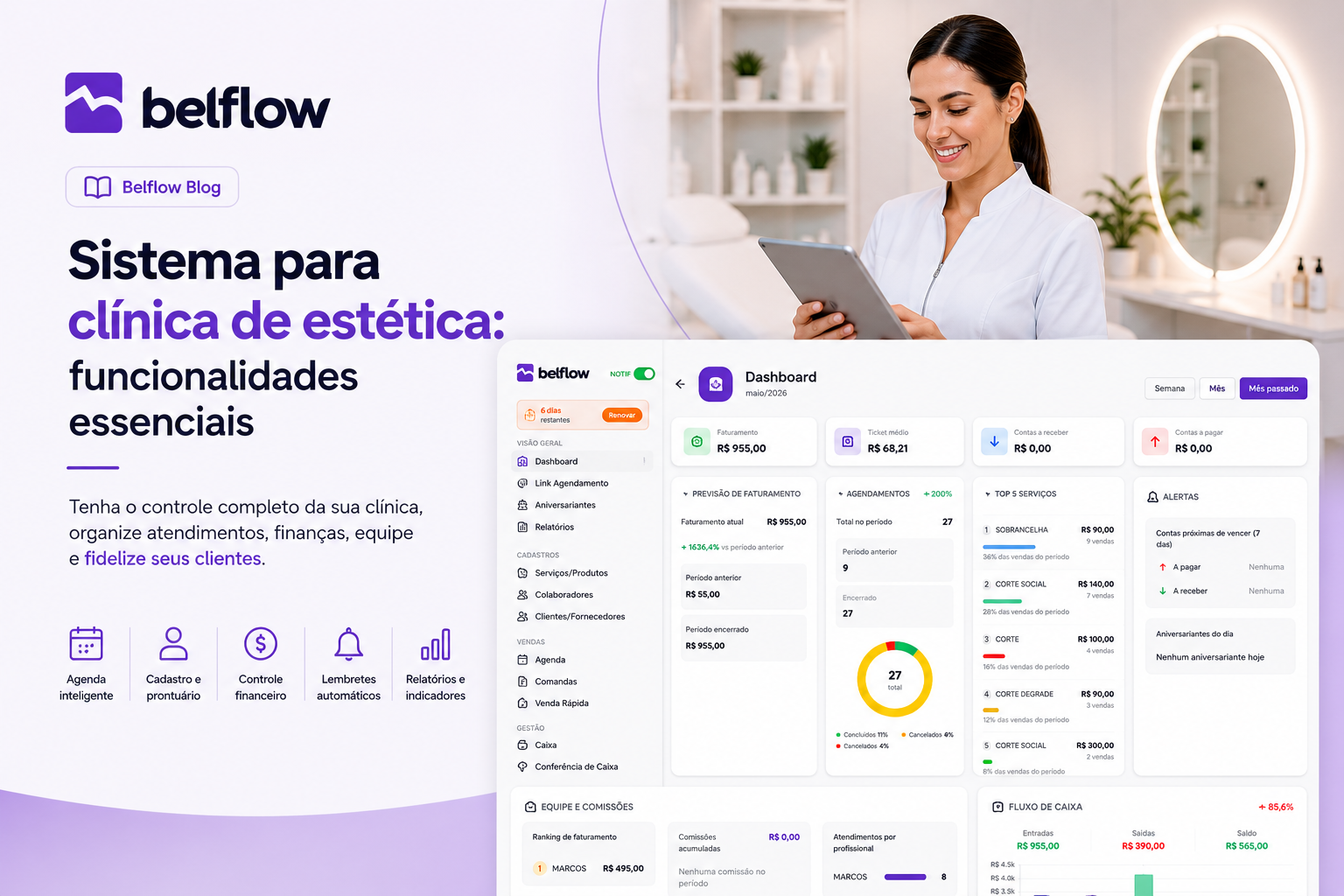Profissional de clínica de estética utilizando um sistema de gestão em computador com agenda digital e indicadores.