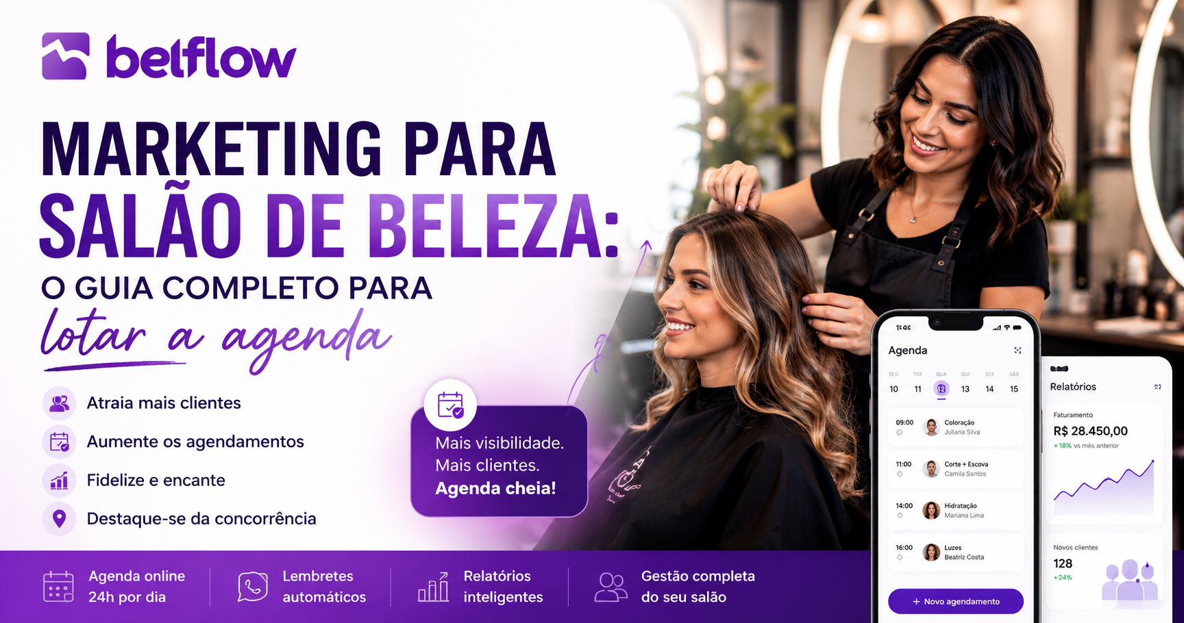 Profissional de beleza atendendo cliente em salão moderno com agenda cheia
