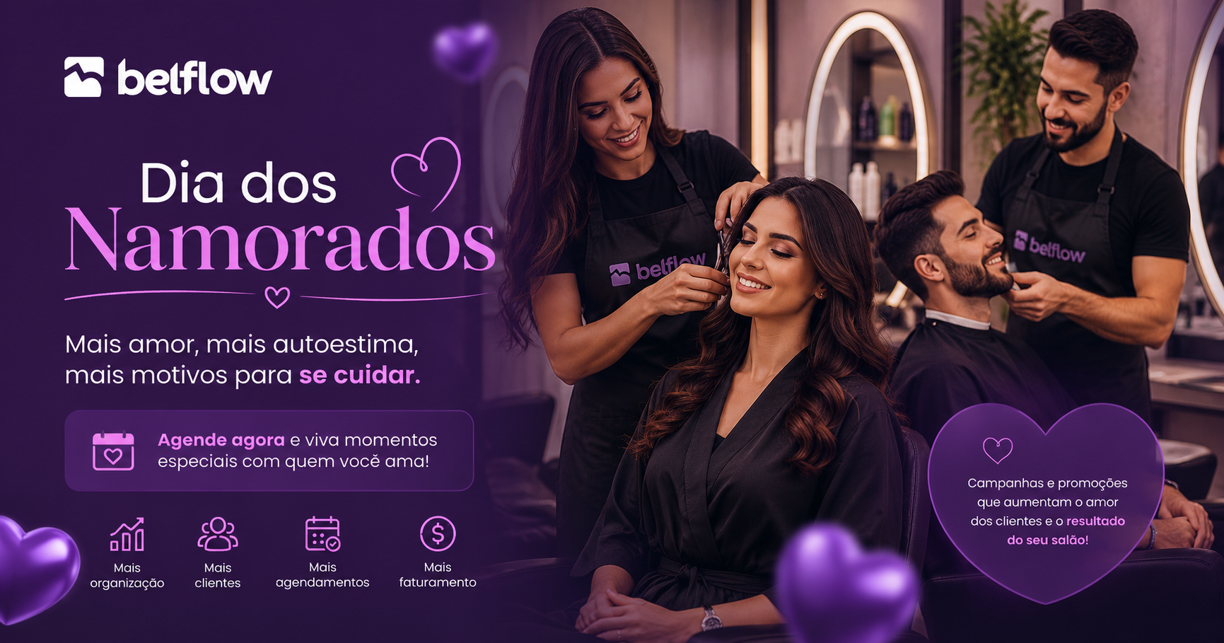 Casal recebendo atendimento em salão de beleza durante campanha do Dia dos Namorados