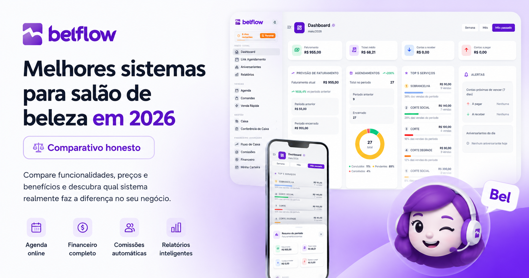 Comparativo entre sistemas de gestão para salão de beleza em computador e celular.