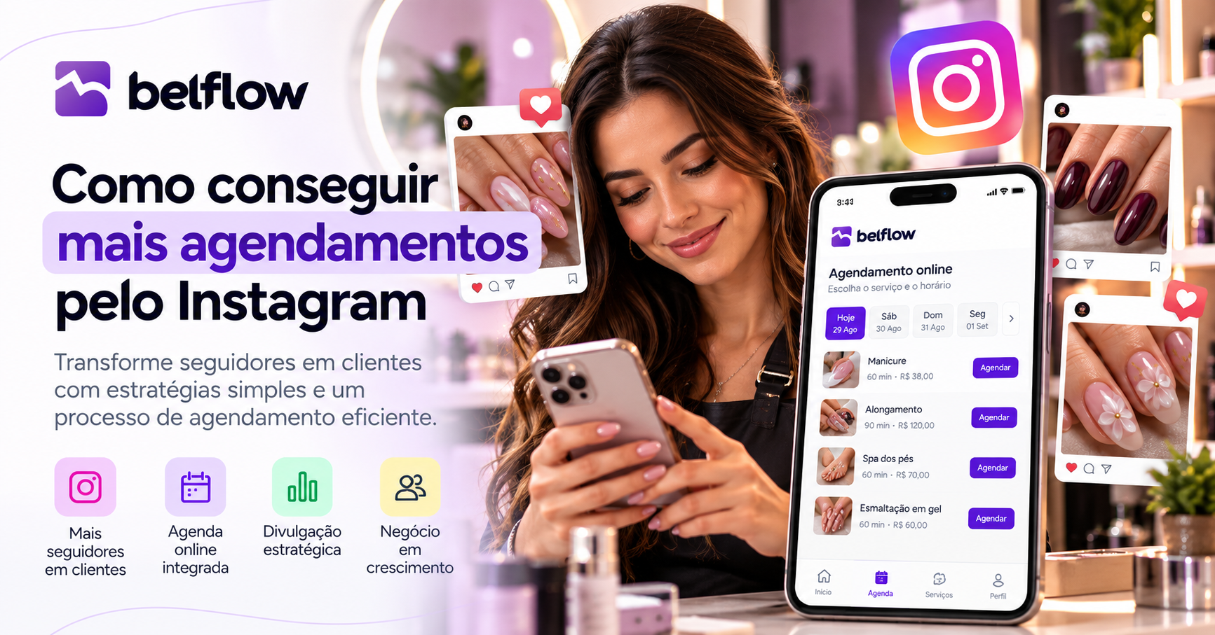 Profissional de beleza usando Instagram no celular para atrair clientes e receber novos agendamentos