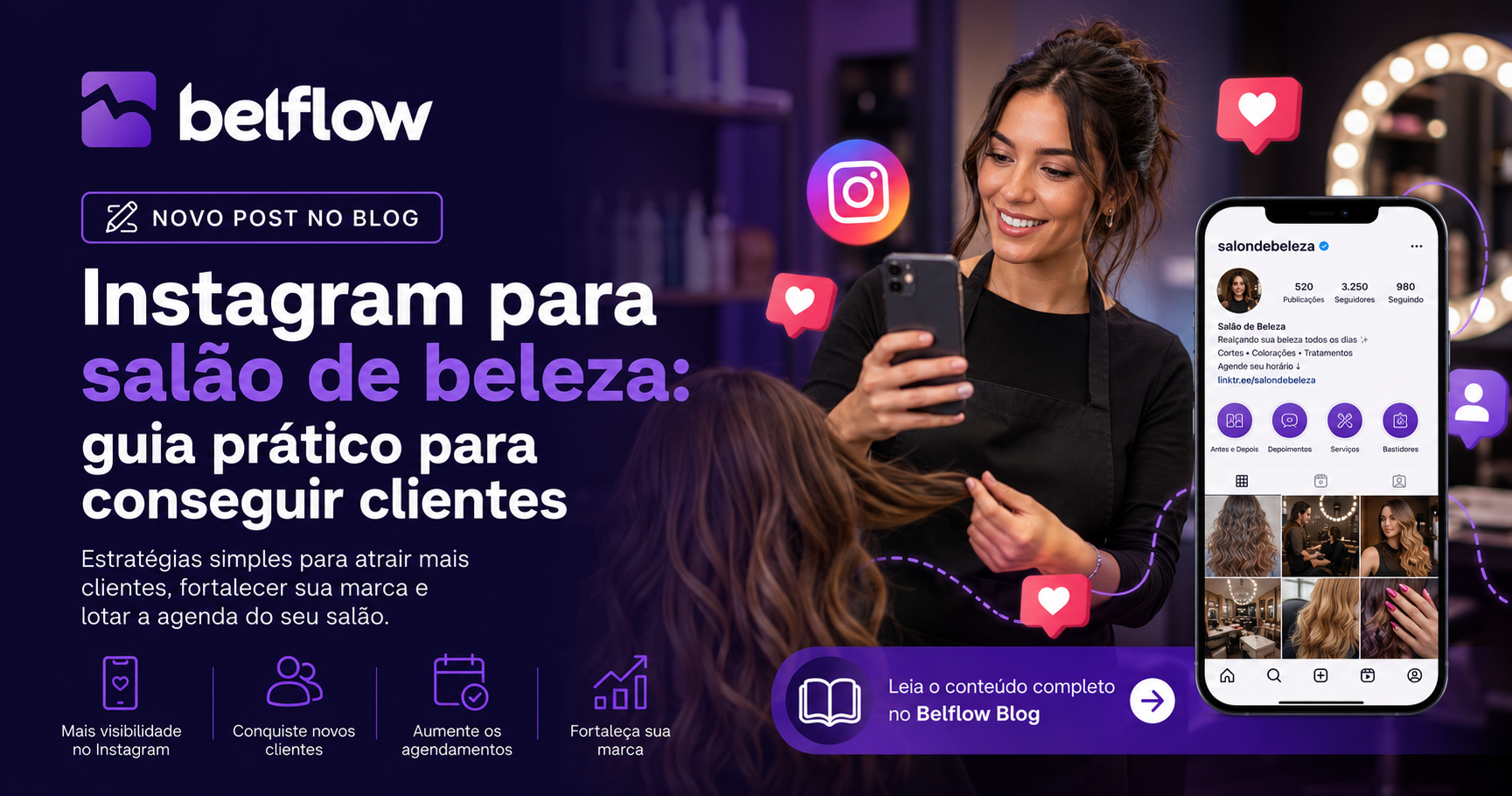 Profissional de beleza criando conteúdo para Instagram com celular e notebook em um salão moderno.