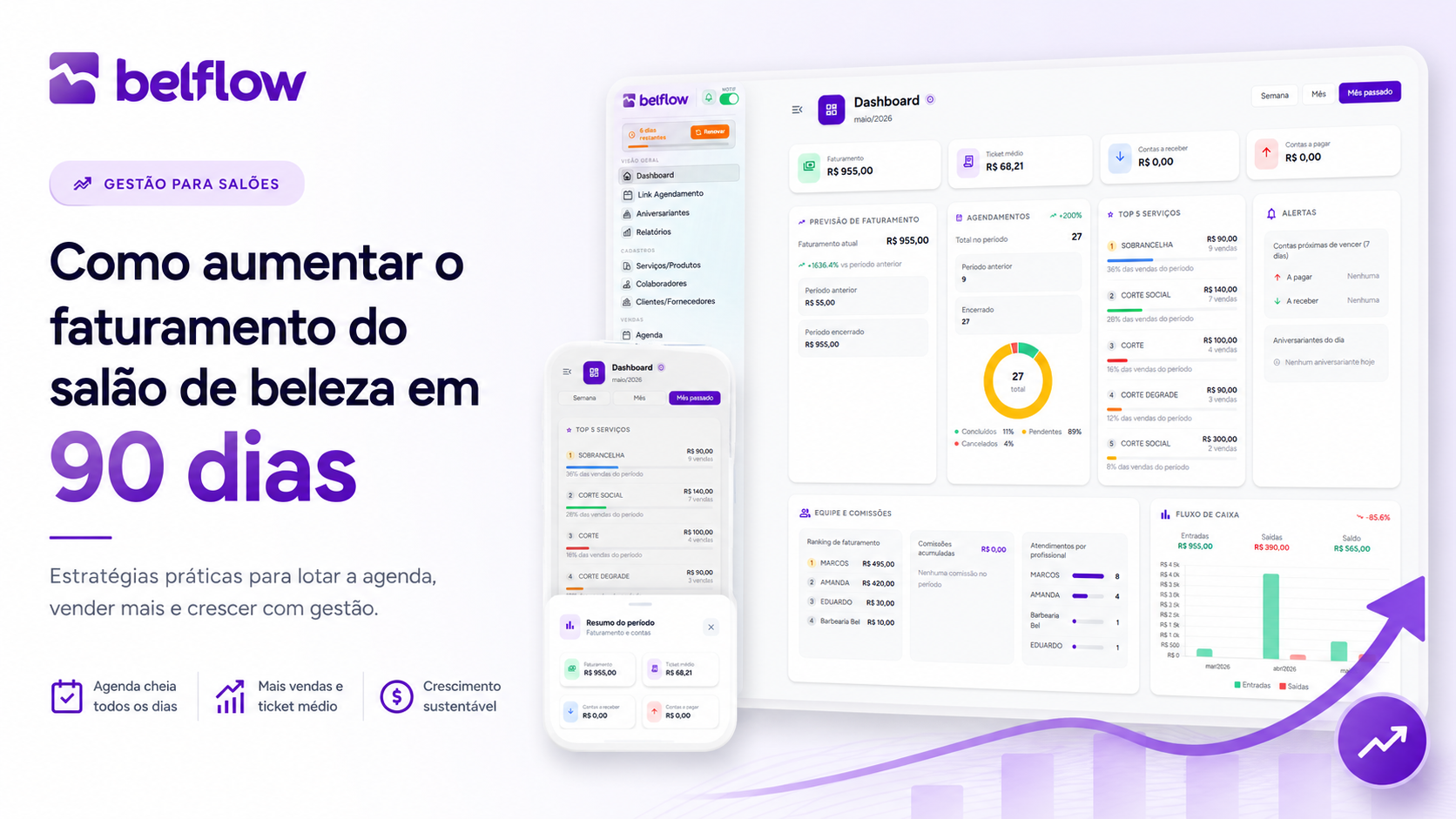 Proprietária de salão analisando crescimento financeiro e agenda cheia de clientes.