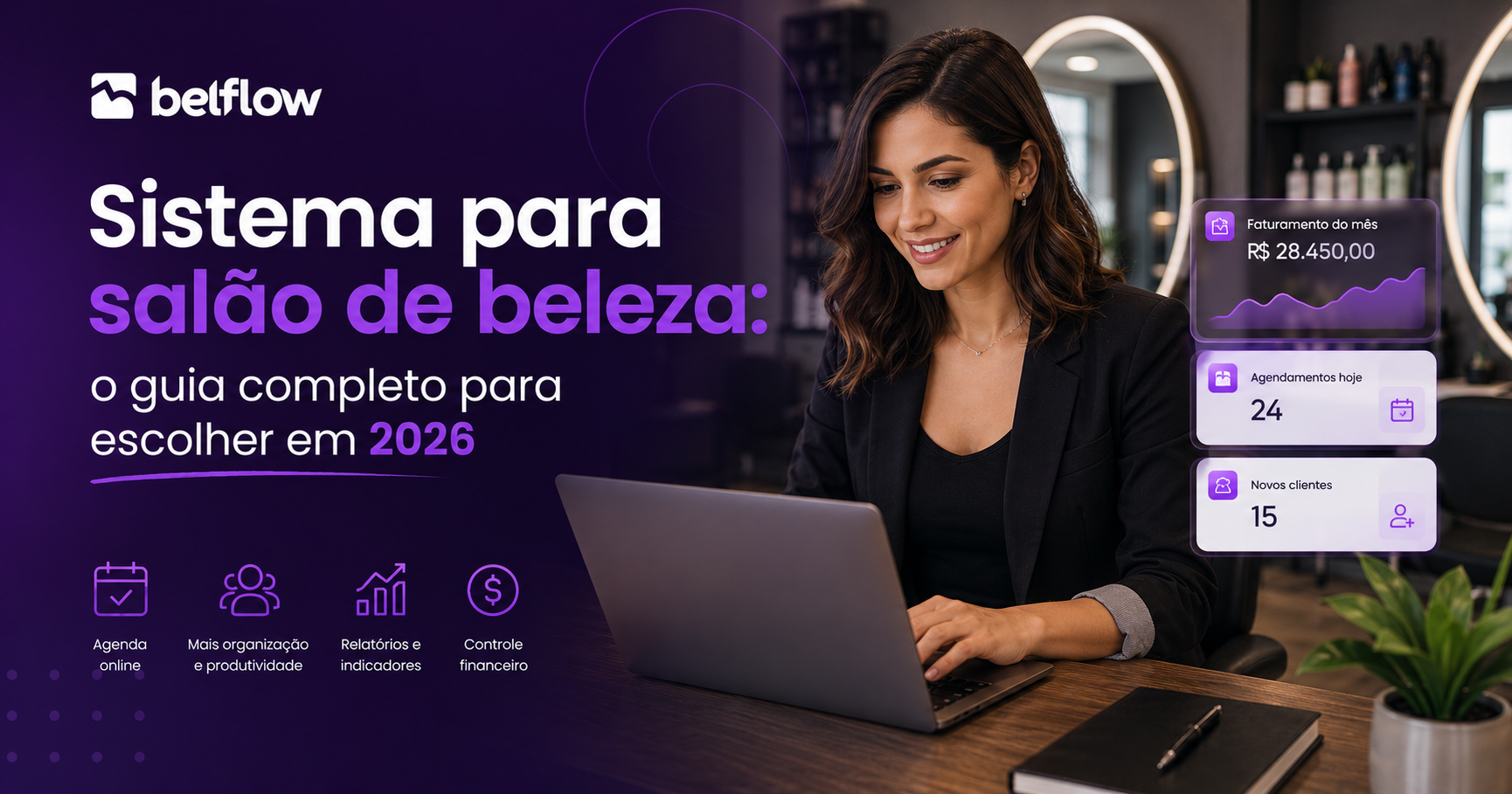 Gestora de salão analisando sistema de gestão em notebook com indicadores e agenda online