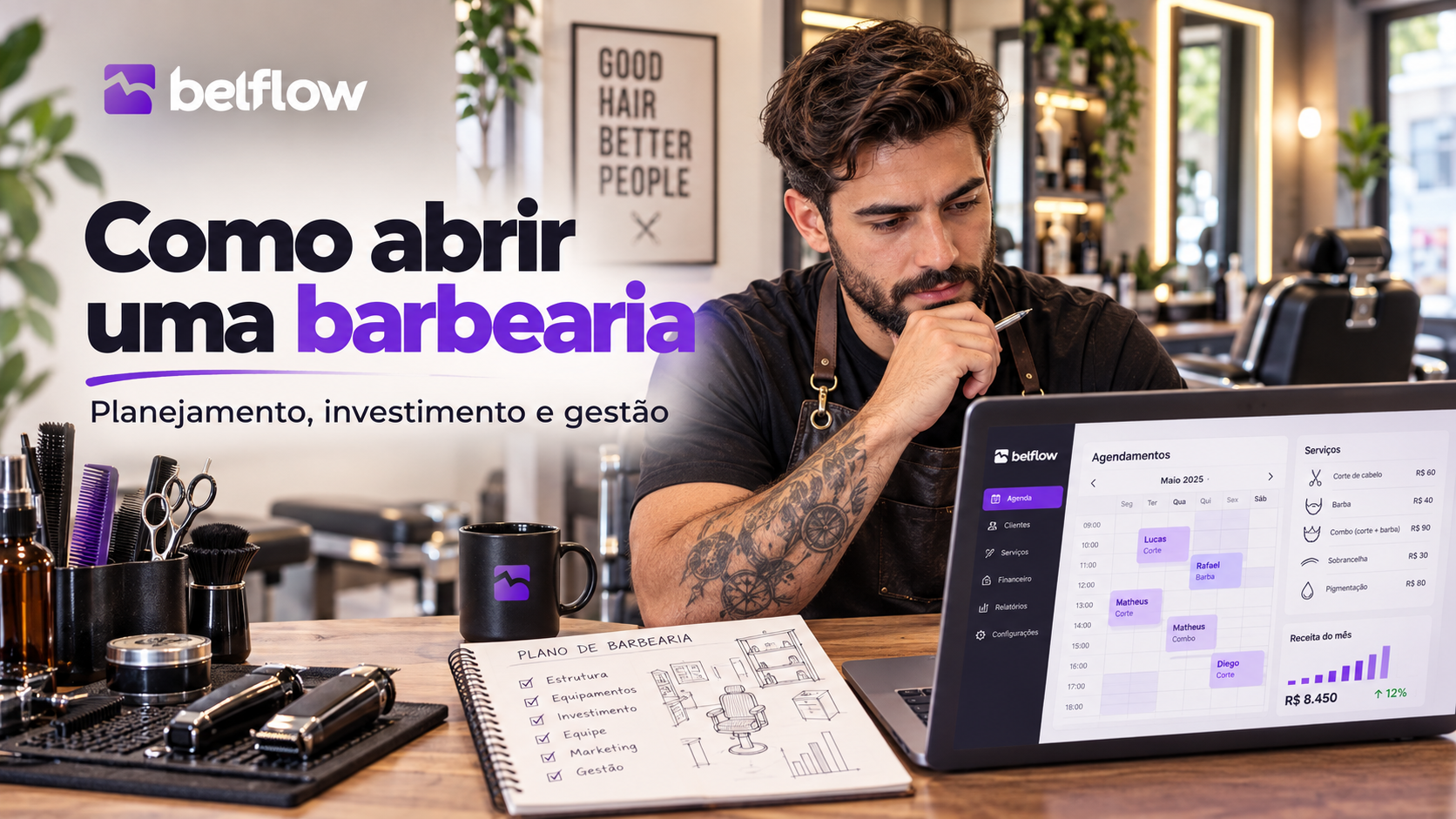 Barbeiro em uma barbearia moderna planejando estrutura, equipamentos e gestão do novo negócio