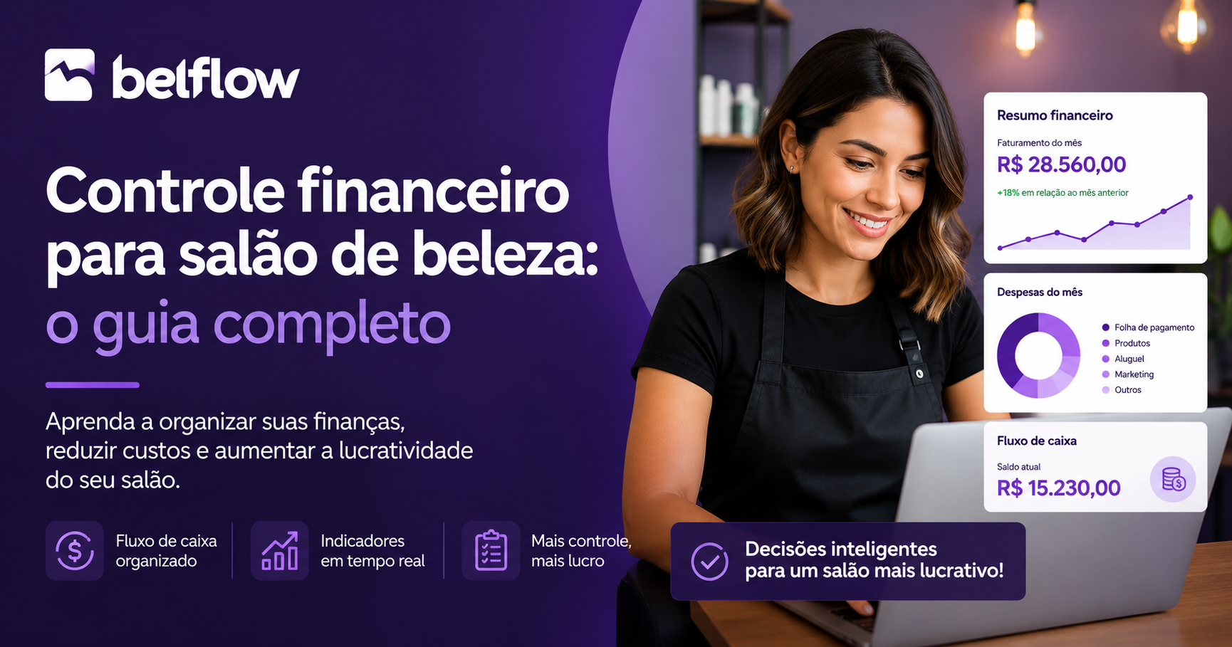 Proprietária analisando indicadores financeiros em sistema de gestão para salão de beleza