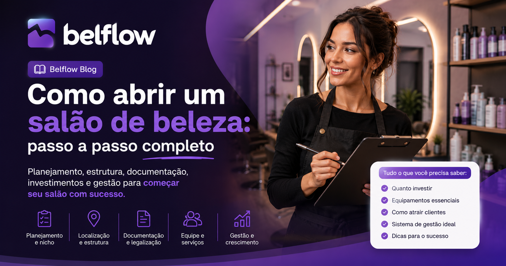 Empreendedora organizando a abertura de um salão de beleza com notebook e materiais de planejamento.