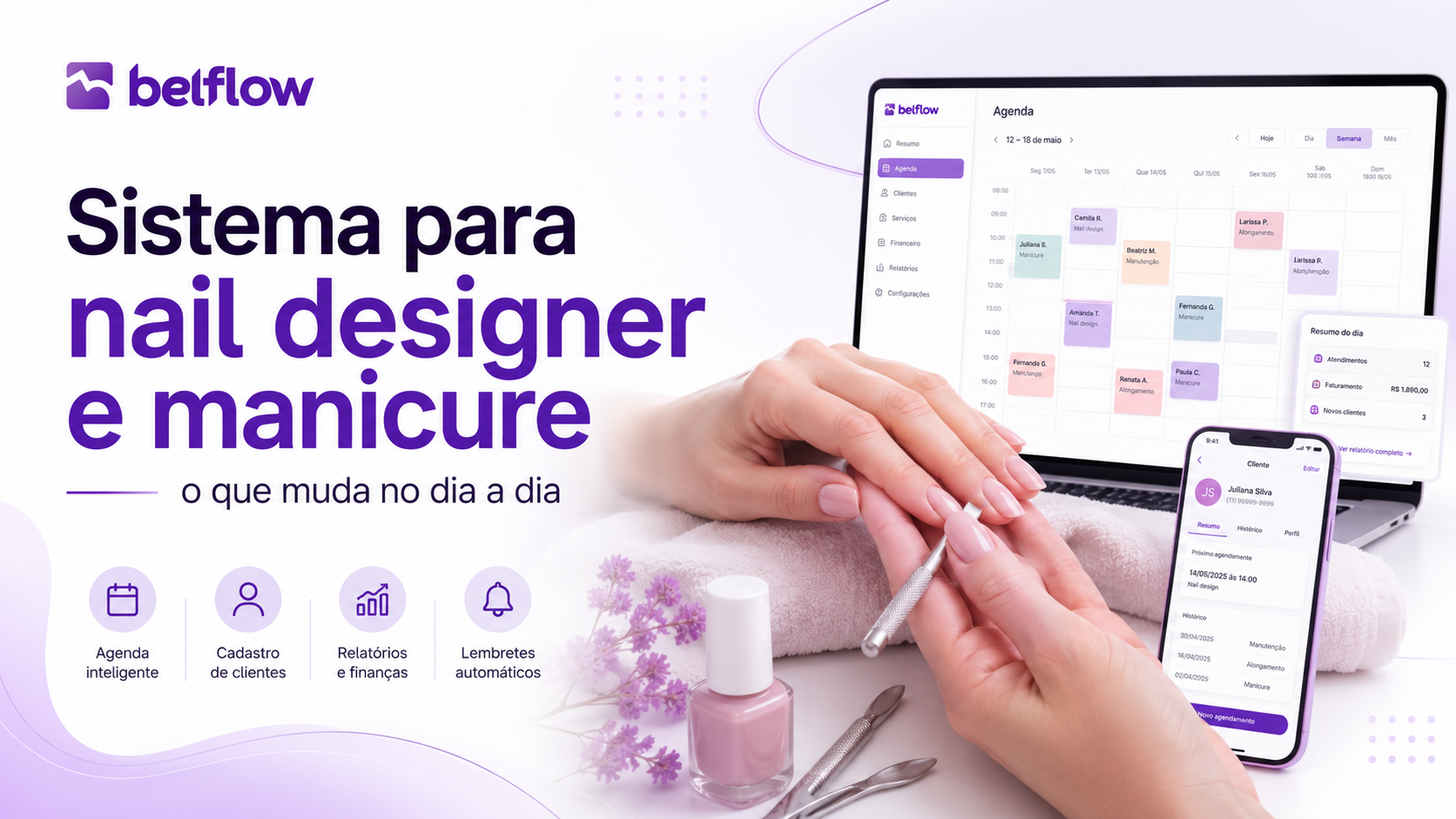 Nail designer usando sistema de gestão para organizar agenda e atendimentos no salão.