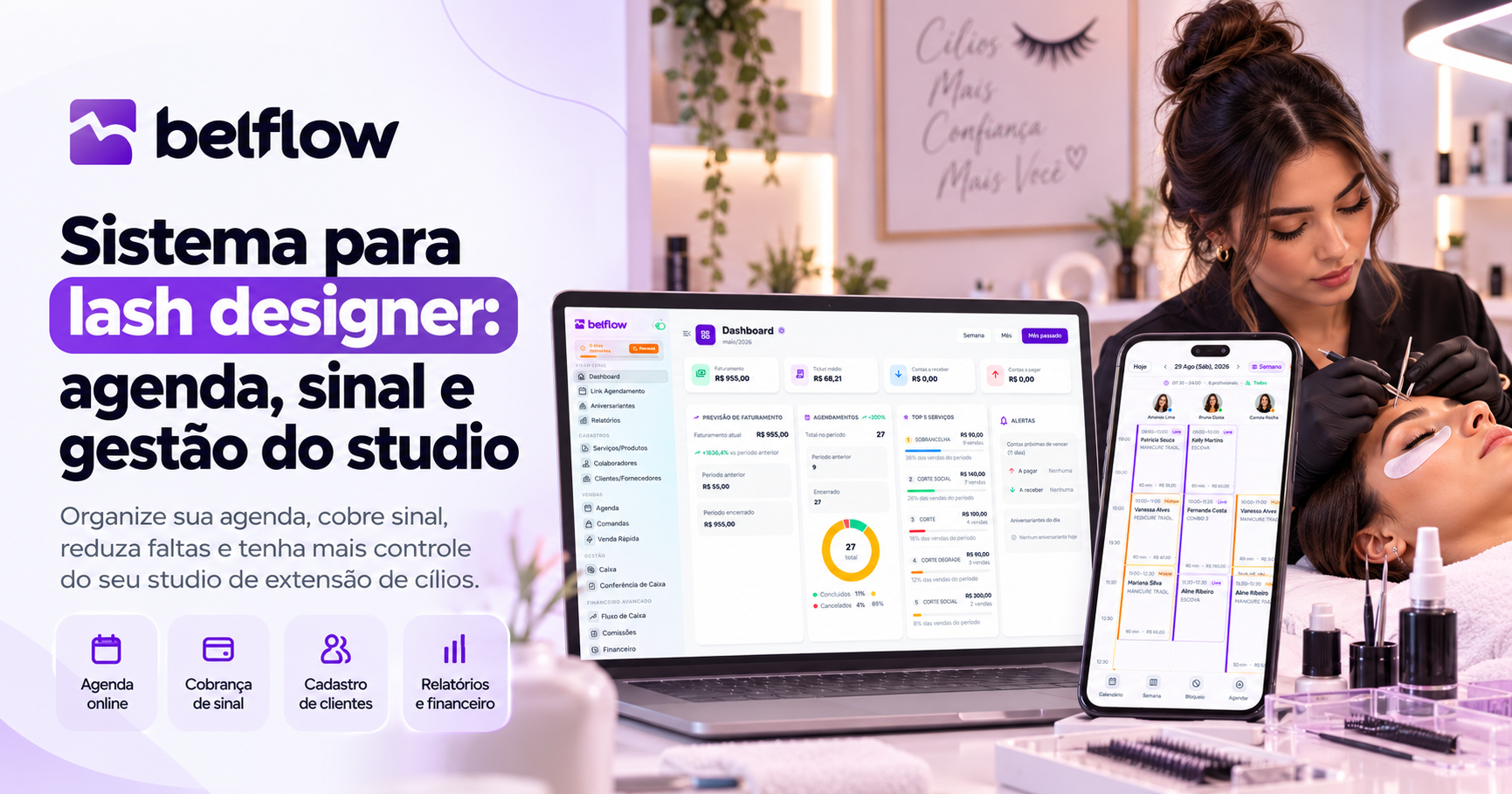 Lash designer usando sistema de gestão para controlar agenda, clientes e pagamentos no studio