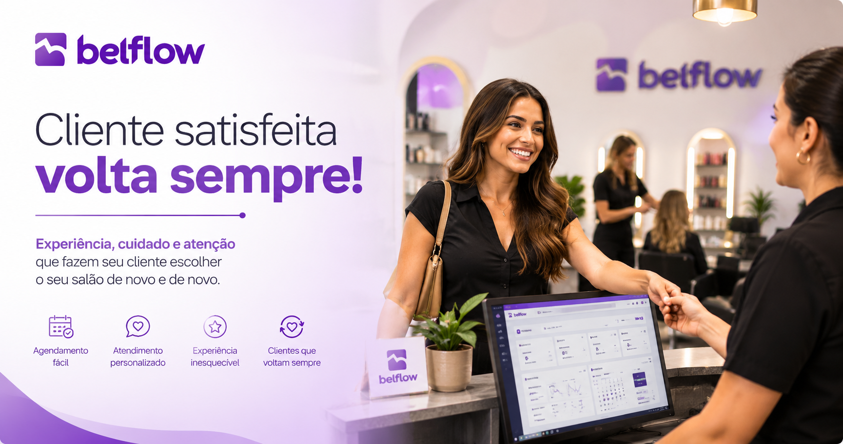 Cliente satisfeita retornando ao salão de beleza após excelente experiência.