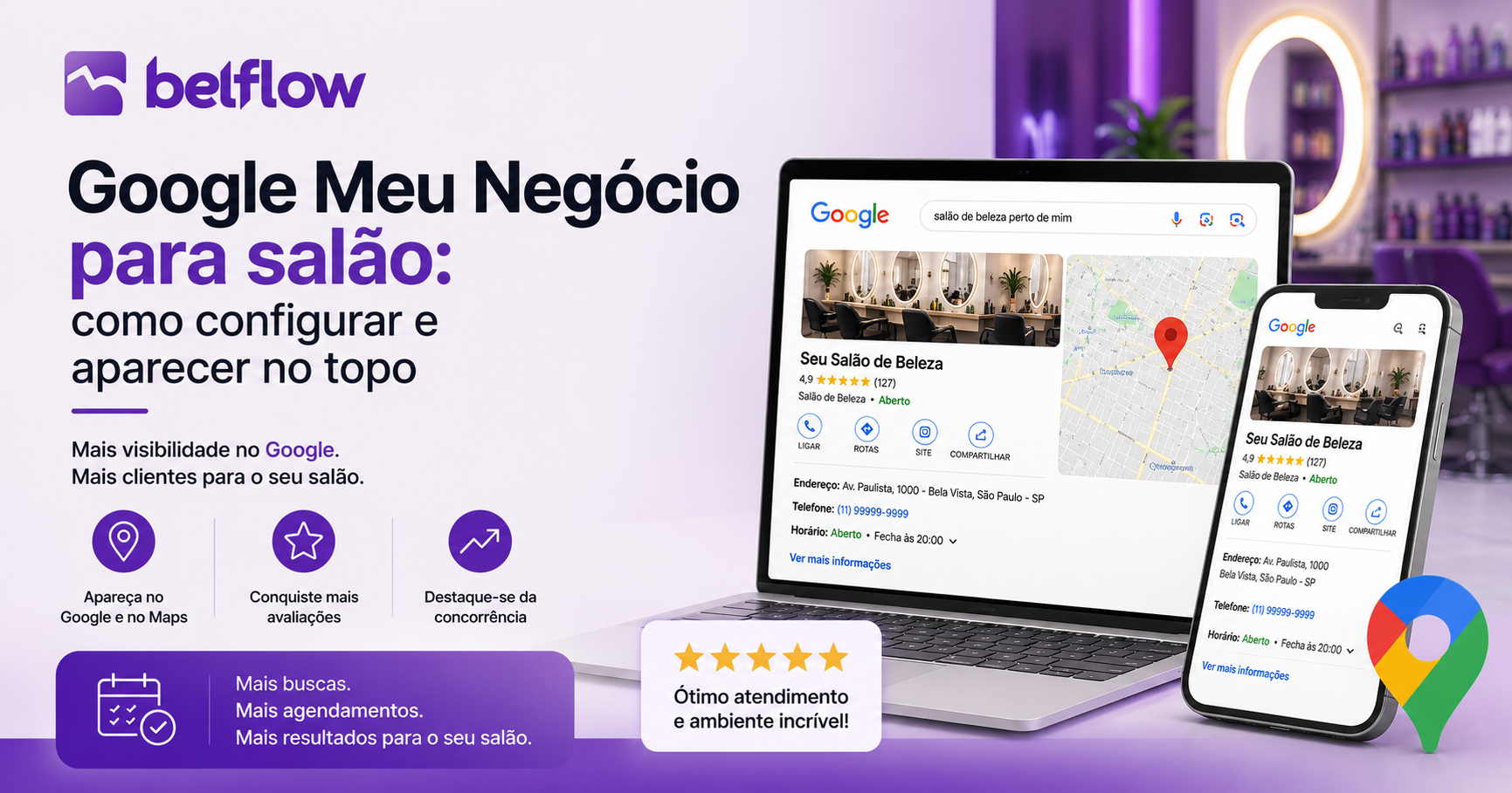 Profissional de salão analisando o perfil do Google Meu Negócio no computador.
