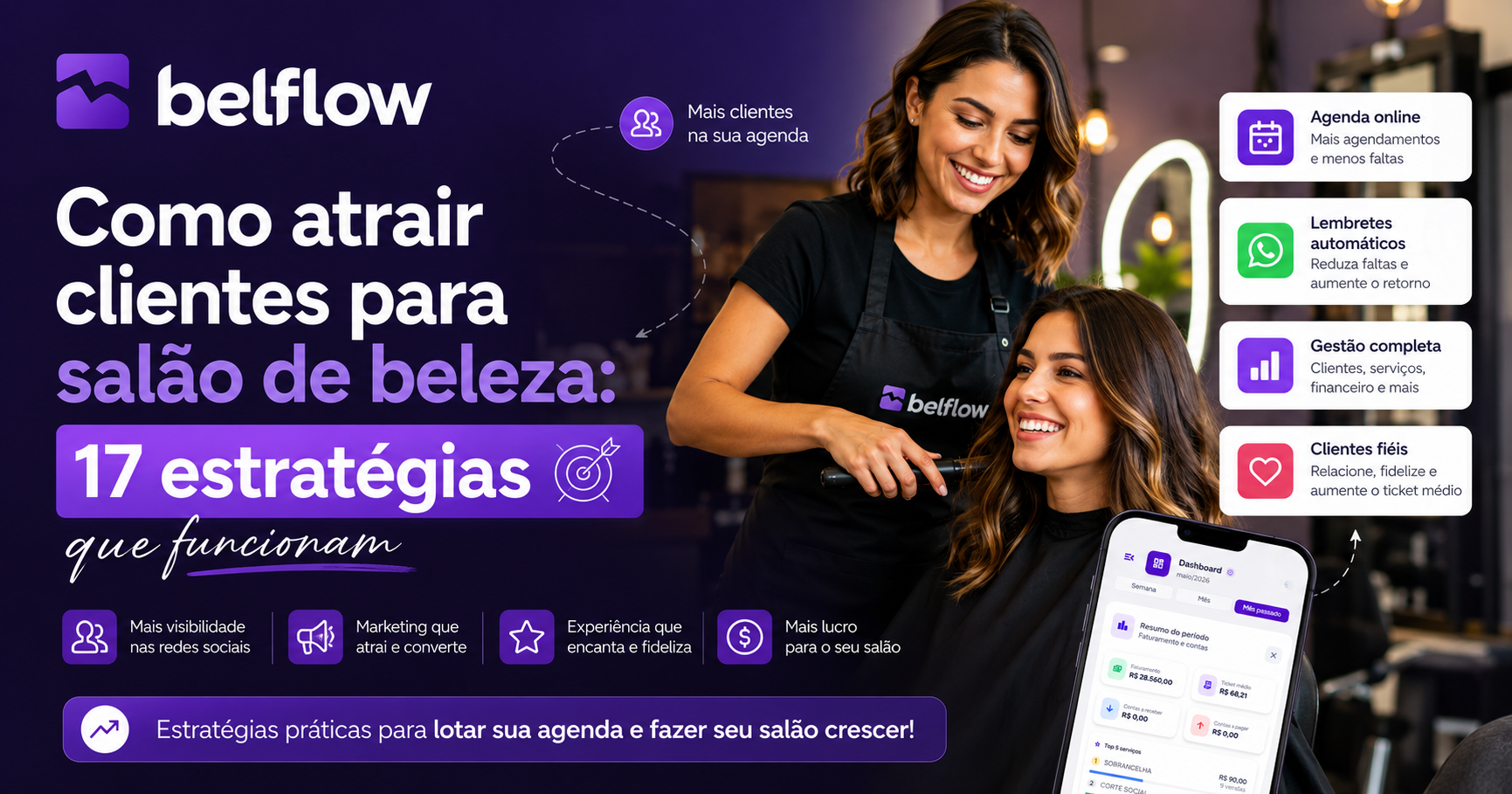 Proprietária de salão atendendo clientes e utilizando estratégias de marketing digital