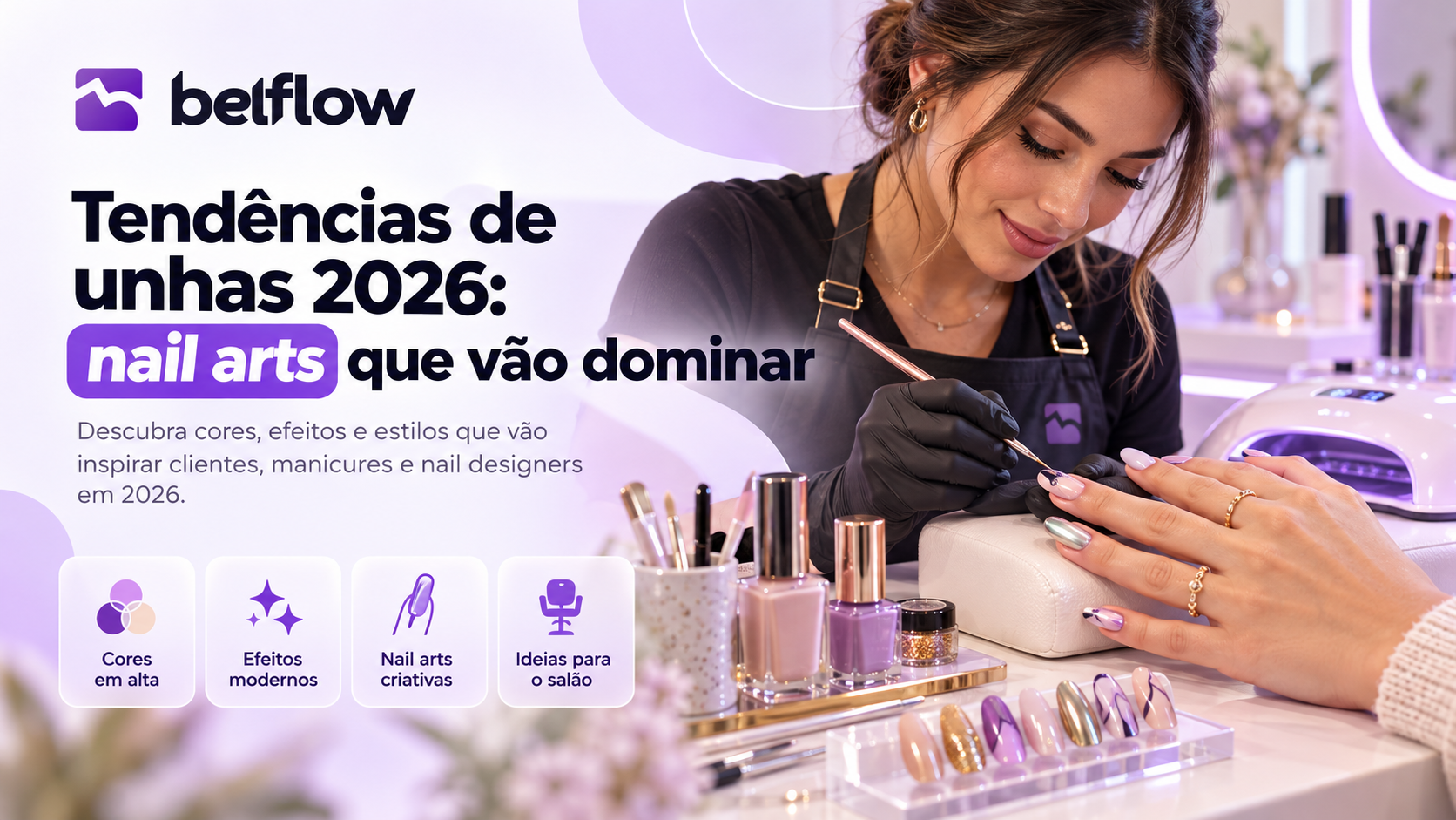 Nail designer criando unhas modernas com cores, cromado e detalhes inspirados nas tendências de 2026