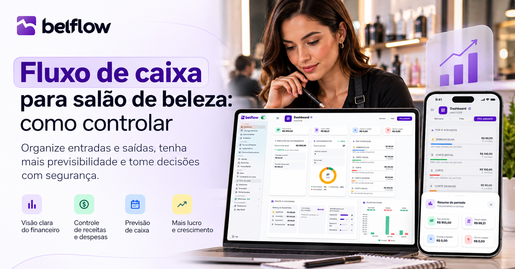 Gestora analisando fluxo de caixa e resultados financeiros de um salão de beleza