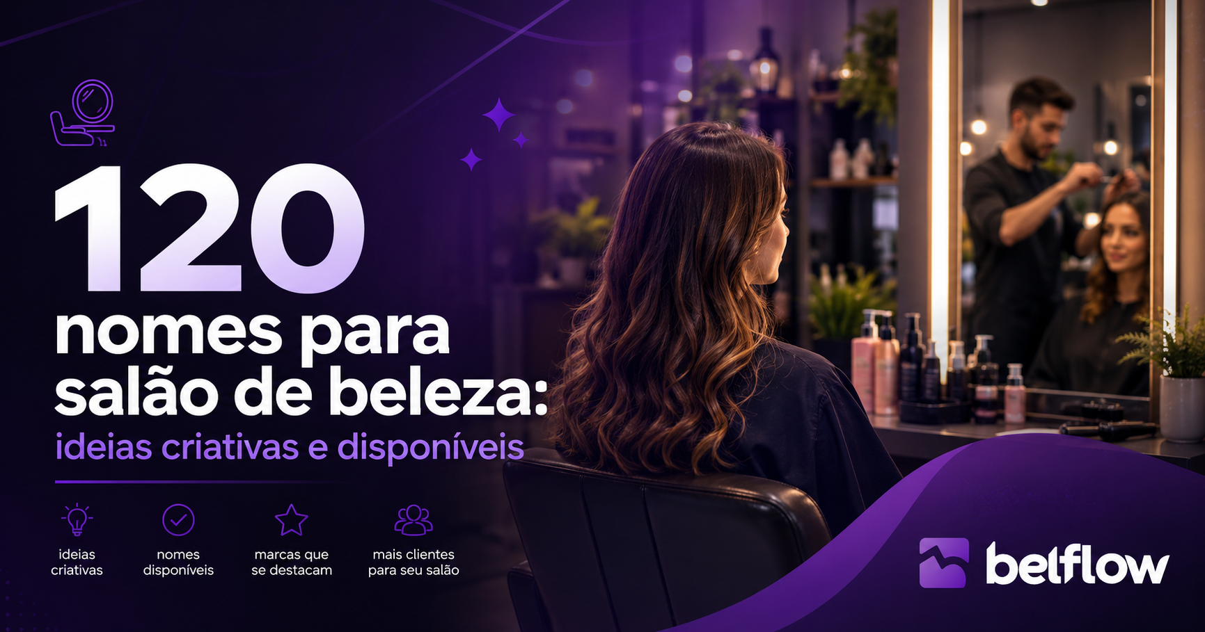Fachada moderna de salão de beleza com nome criativo e identidade visual elegante