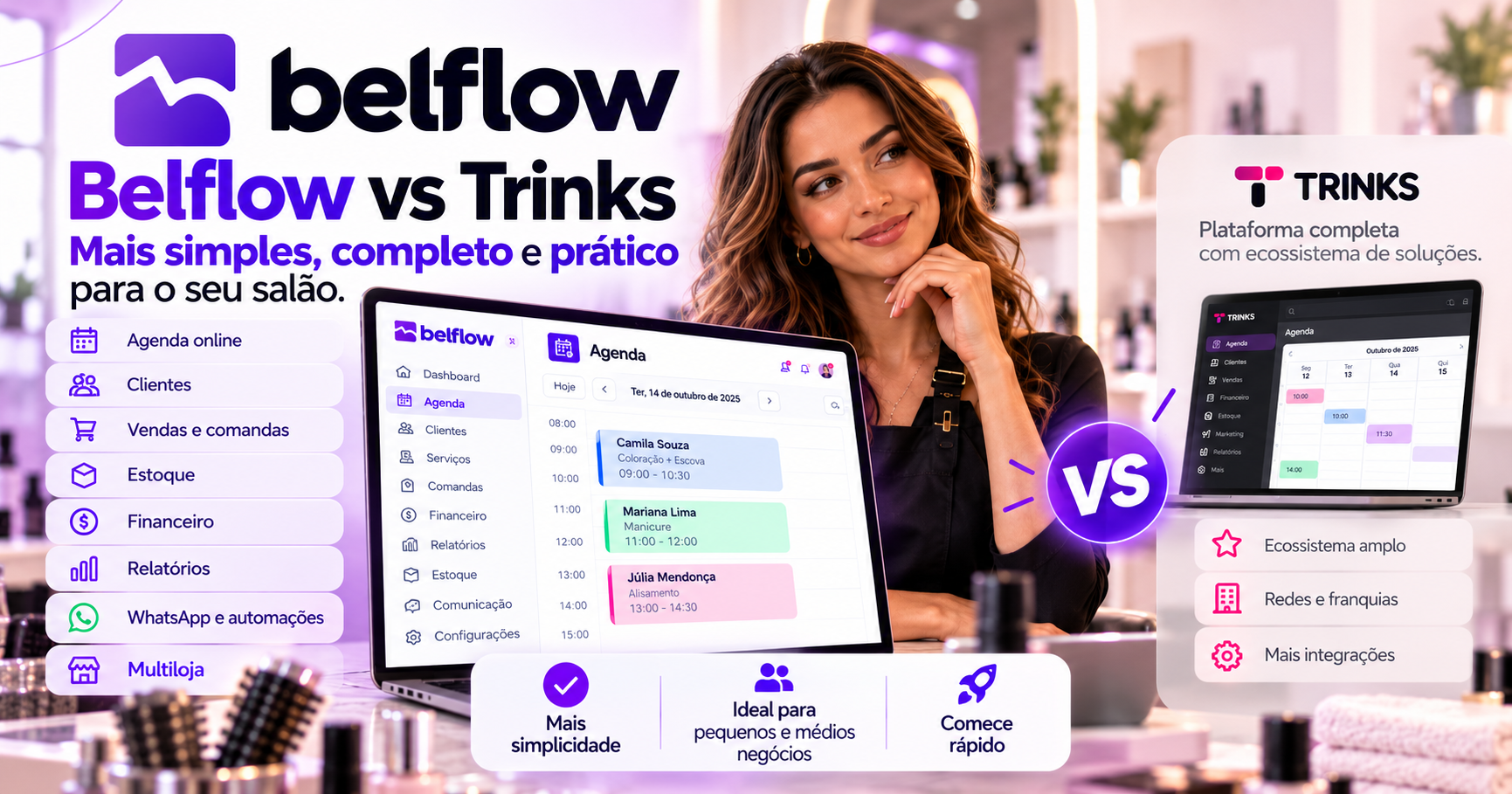 Comparativo entre Belflow e Trinks para gestão de salão, agenda online, financeiro e atendimento