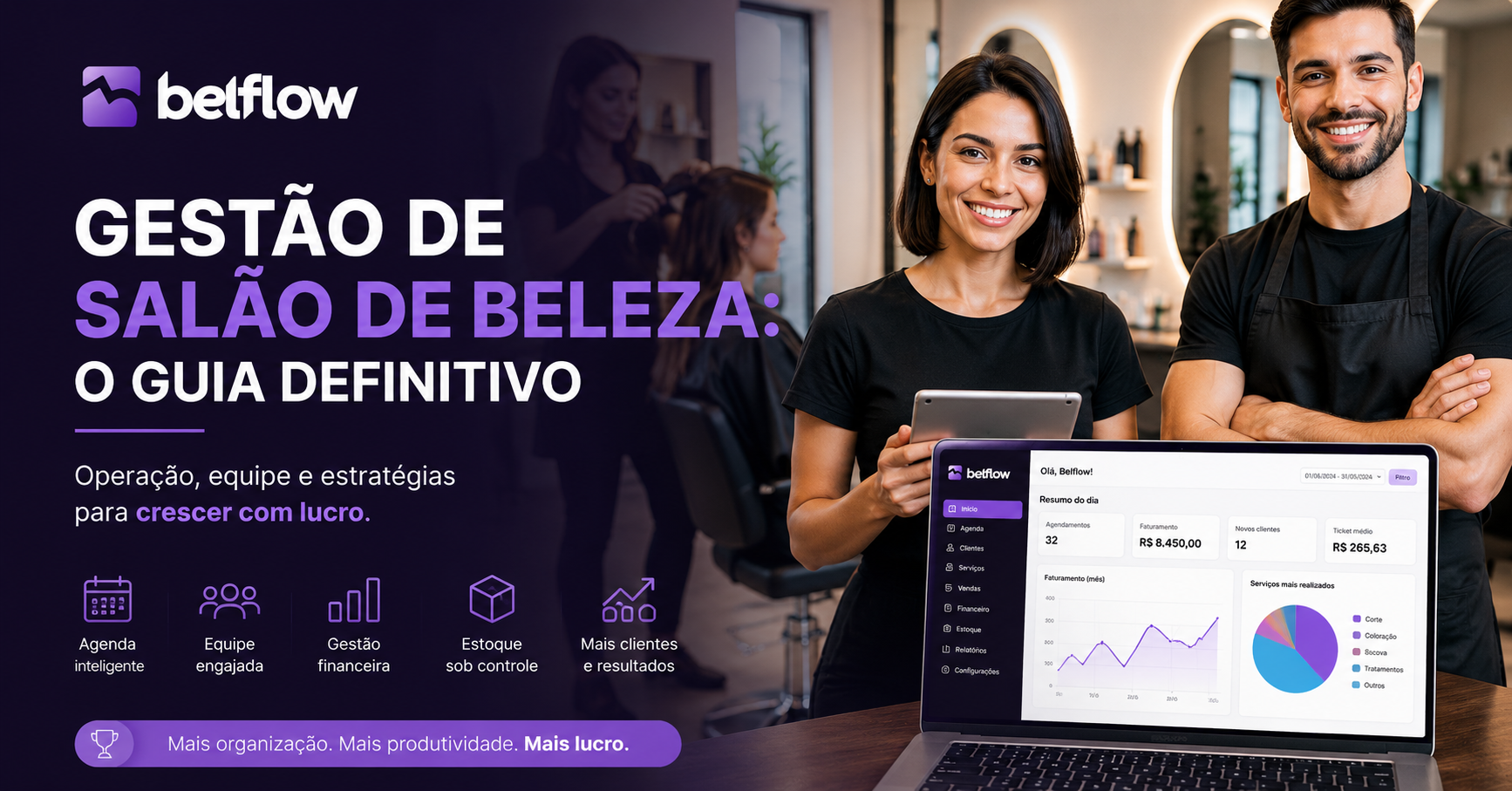 Equipe de salão de beleza organizada utilizando sistema de gestão em ambiente moderno