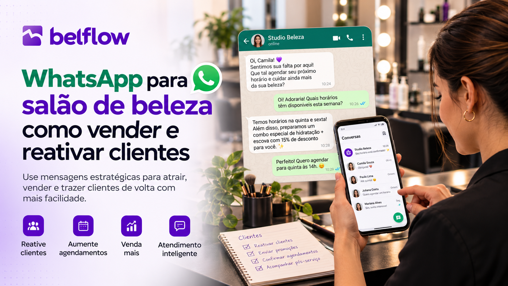 Profissional de beleza usando WhatsApp para conversar com clientes e organizar agendamentos no salão