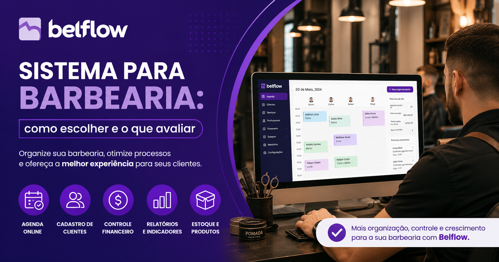 Barbeiro utilizando sistema para barbearia em computador enquanto organiza atendimentos.
