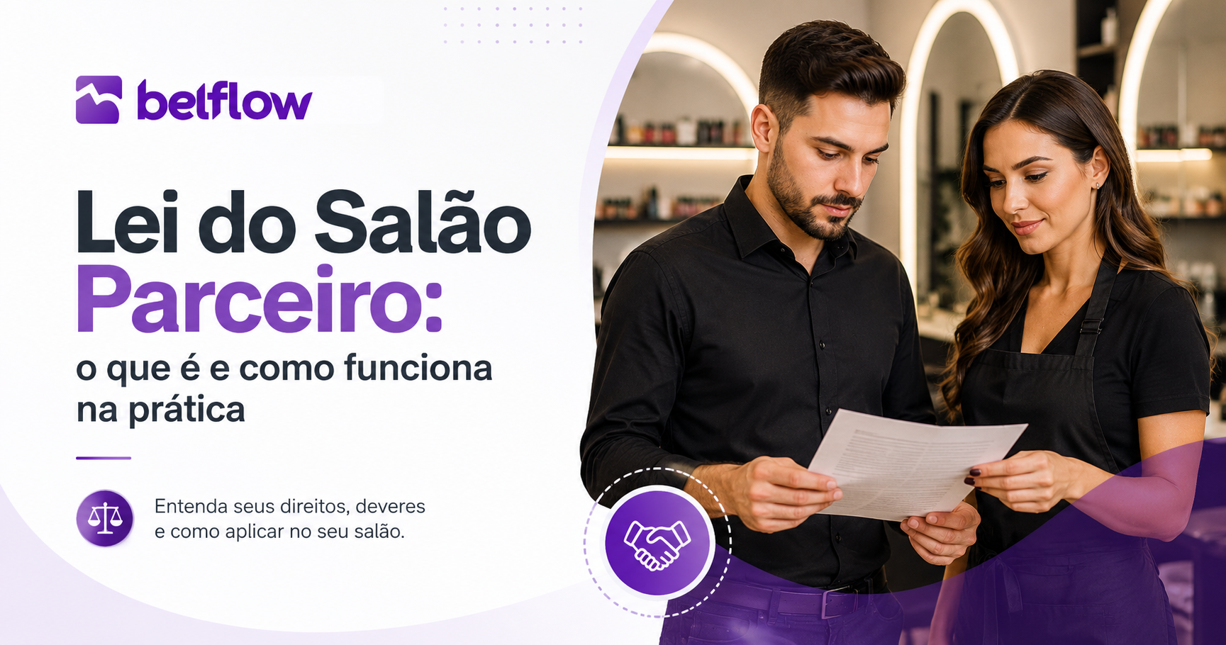Profissional de beleza e proprietário analisando contrato de parceria em um salão moderno.