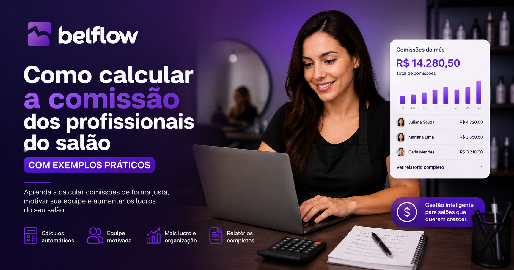 Gestora calculando comissão dos profissionais em um salão de beleza usando sistema de gestão.