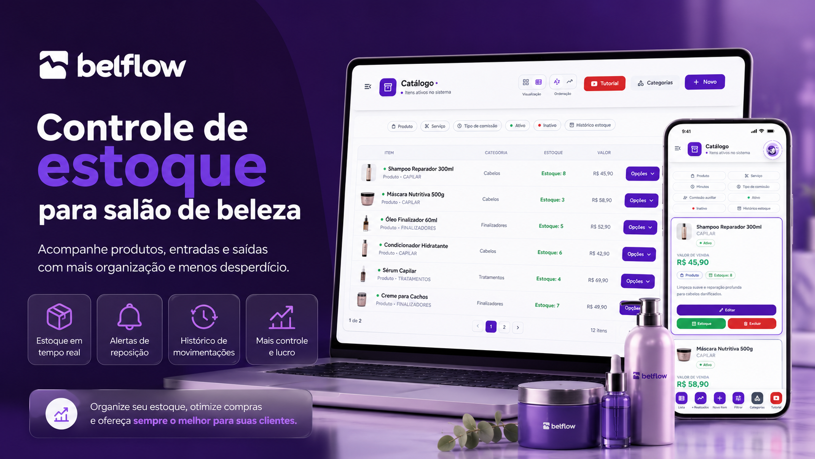 Profissional organizando produtos de salão em prateleiras com sistema de controle de estoque.