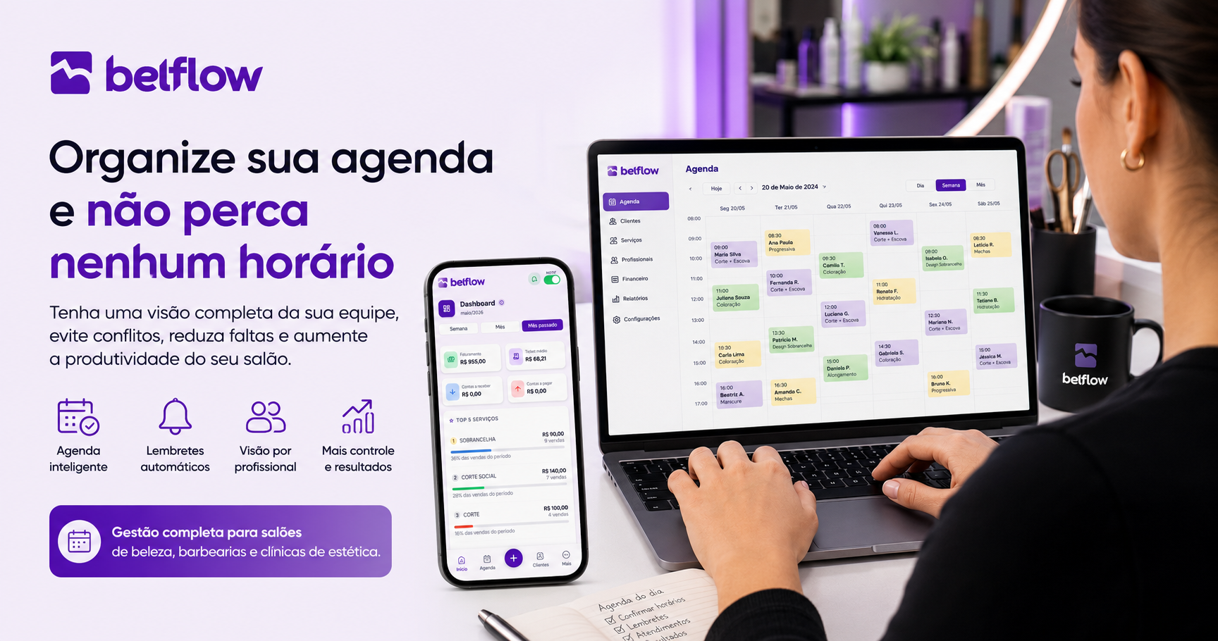 Profissional organizando a agenda digital de um salão de beleza em um sistema de gestão.